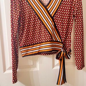 Striped Geo Wrap Top in Orange, Black & White